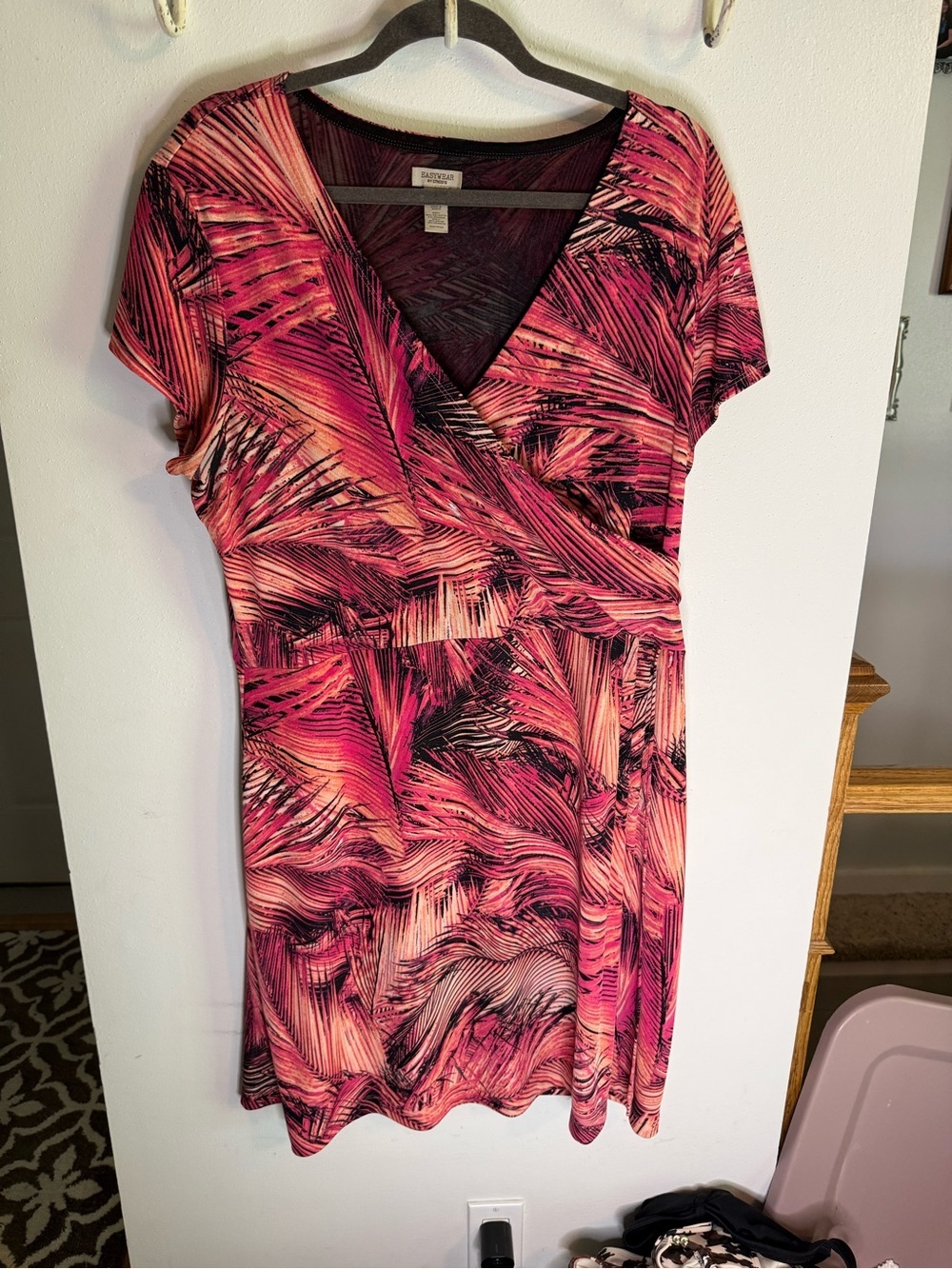 Chico's Pink Black and Coral Palm-Pattern Midi Dress